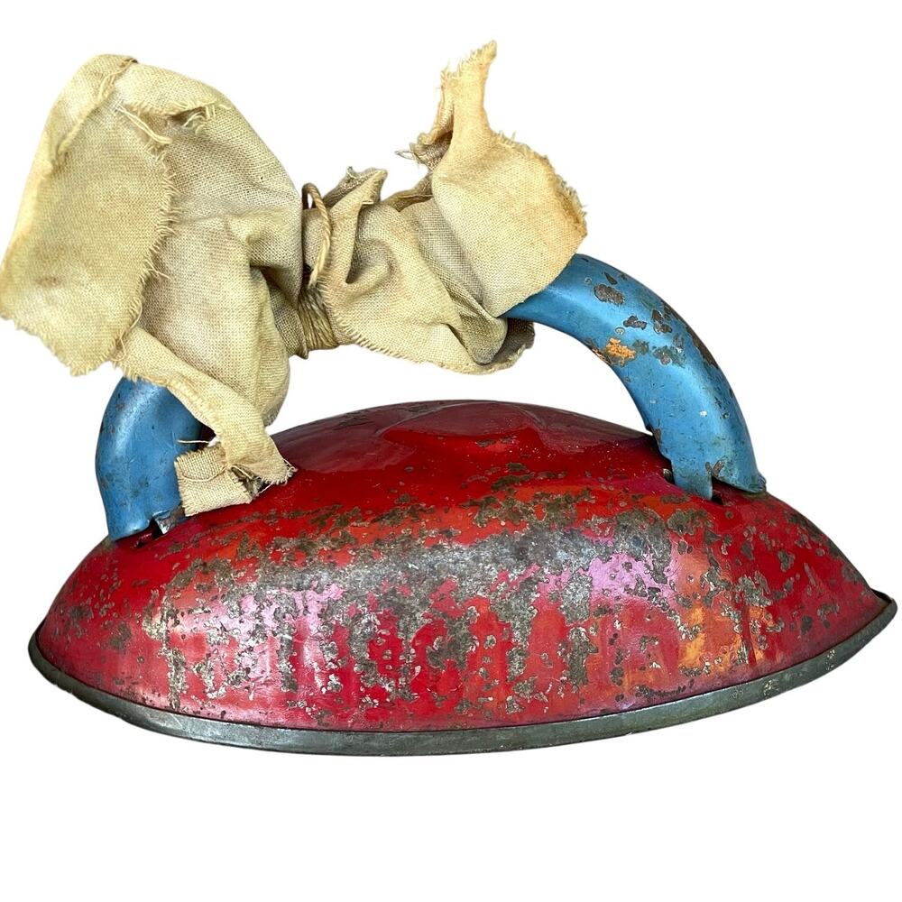 Tin Toy Clothes Iron Red Blue Metal Child Mid Century  Paint Loss Rust READ